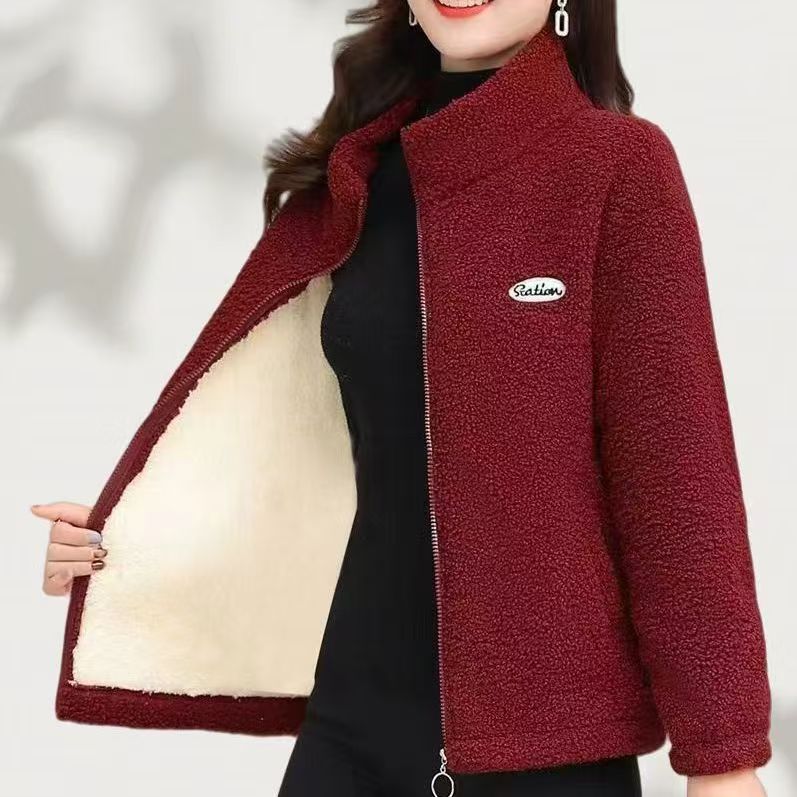 妈妈秋冬装羊羔毛外套新款中老年棉衣加绒加厚颗粒绒衣女时尚外套