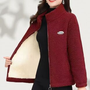 外套 中老年棉衣加绒加厚颗粒绒衣女时尚 妈妈秋冬装 羊羔毛外套新款