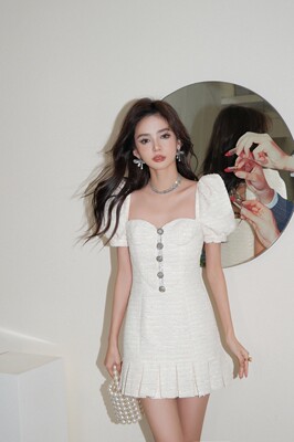 OZLANA西装套装裙女泡芙袖花呢鱼尾连衣裙2023新款气质显瘦两件套