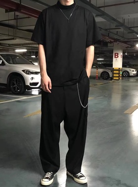 AaNn normcore黑色哑光绸缎质感低裆宽松垂感西裤长裤男潮牌