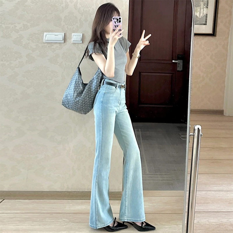 浅蓝色微喇牛仔裤女2026春季新款高腰显瘦薄款小个子马蹄喇叭裤子