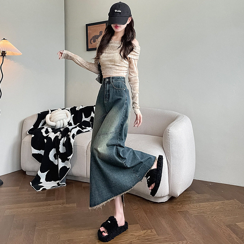 复古毛边拼接高腰牛仔裙女2024年秋季新款显瘦开叉设计感中长款裙