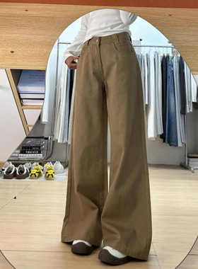 美式低腰不贴腿宽松阔腿喇叭低腰牛仔裤女2026垂感卡其拿铁棕长裤