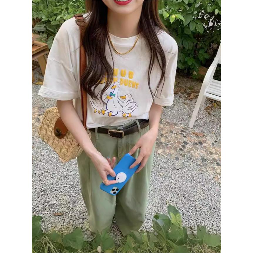夏天圆领大鹅字母印花短