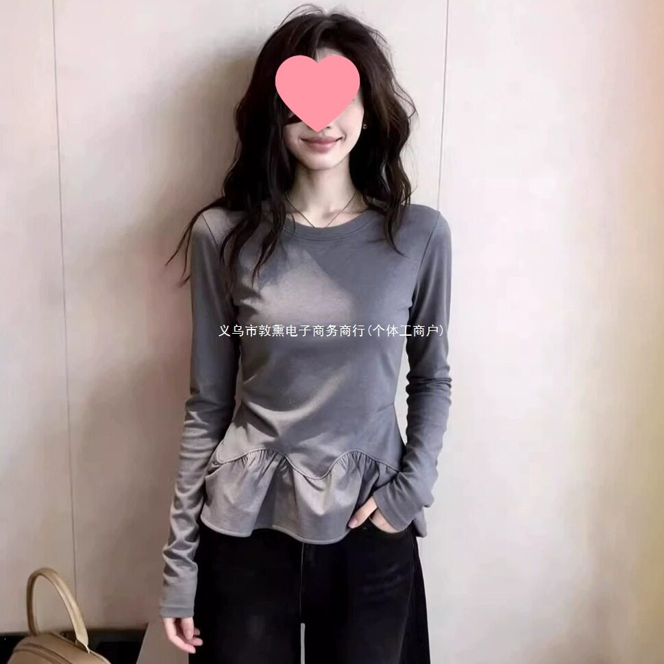 韩国东大门韩版圆领荷叶边长袖打底衫女新款百搭显瘦大码内搭上衣