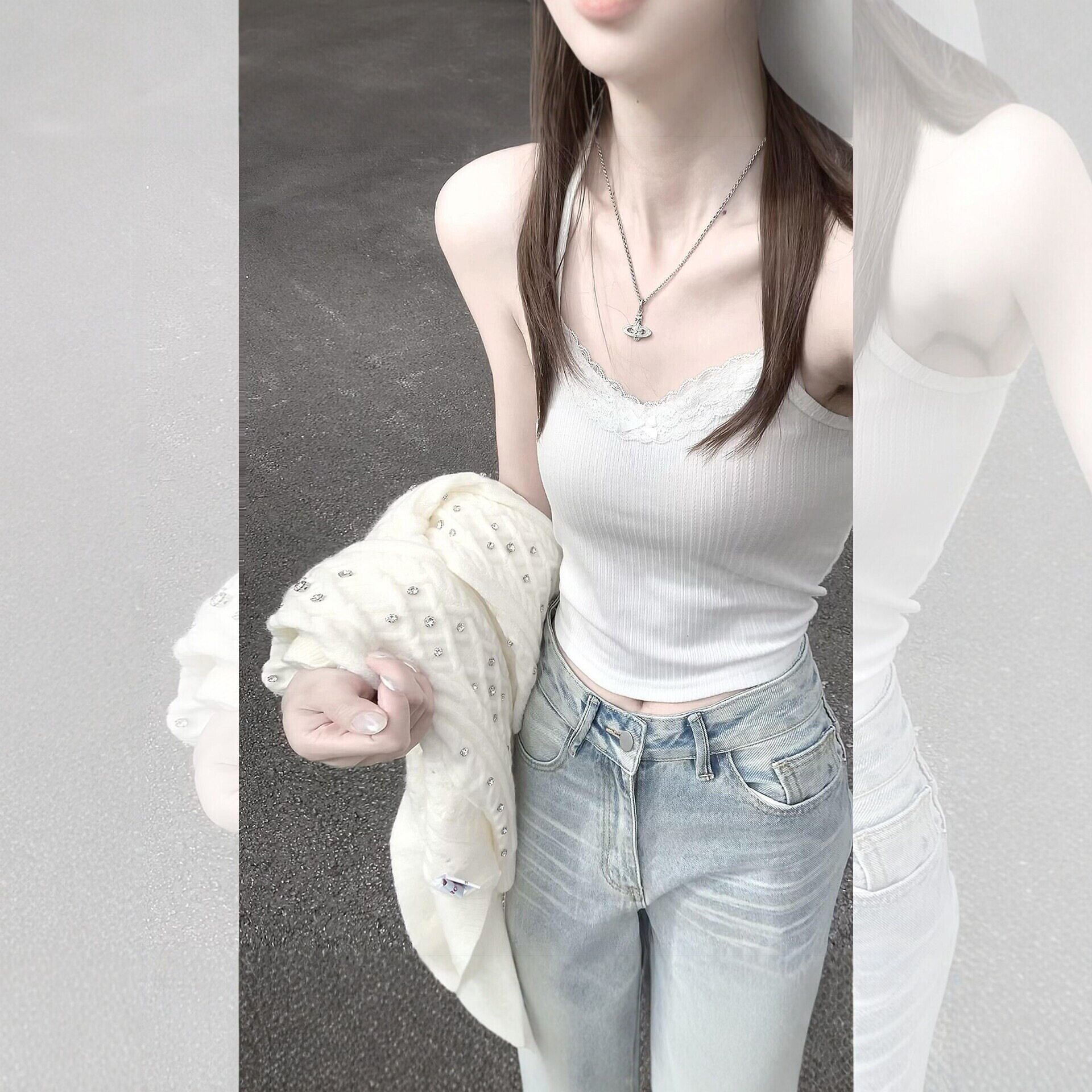 法式白色蕾丝花边V领针织开衫女早秋绝美设计感毛衣外套气质上衣