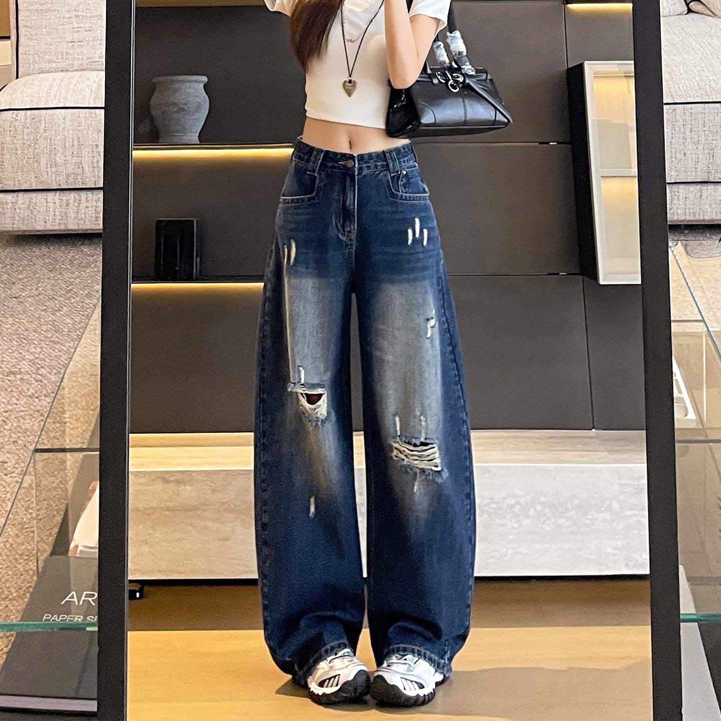 深蓝色高街破洞牛仔裤女2026夏季新款高腰宽松显瘦美式工装直筒裤
