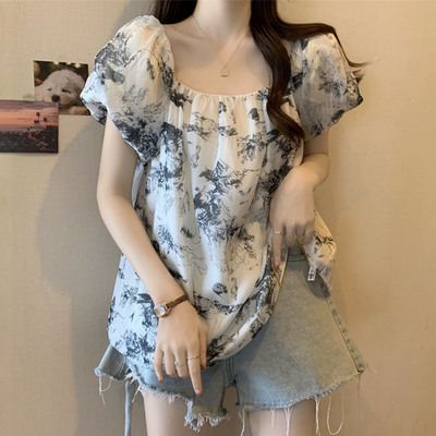 大码法式碎花一字肩小衫