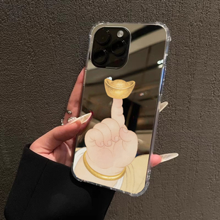 指定发财镜面手机壳适用华为P70P80招财小手一加ACE3Mate60pro苹果17pro镜面OPPOReno13VIVOS20小米14三星S25