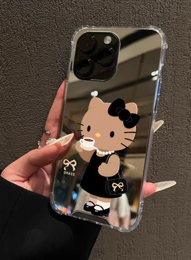 优雅黑皮Kitty猫镜面手机壳适用iPhone17promax苹果16可爱kt猫OPPOReno14三星S25华为P80荣耀90小米15一加A13