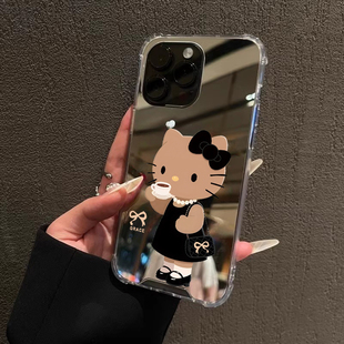 优雅黑皮Kitty猫镜面手机壳适用iPhone17promax苹果16可爱kt猫OPPOReno14三星S25华为P80荣耀90小米15一加A13
