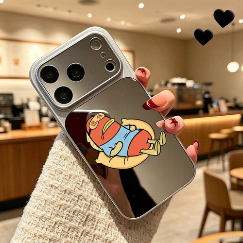 不想上班丑鱼手机壳镜面适用iPhone17promax苹果16镜面15大视窗13退休17补妆镜子14比奇堡12卡通16promax搞怪