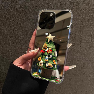 公仔玩偶圣诞树镜面手机壳适用iPhone17promax苹果1613圣诞节OPPOReno14镜子三星S25华为P80VIVO小米15一加13