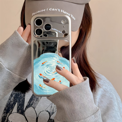 好运锦鲤手机壳镜面适用苹果iPhone17pro max补妆镜子苹果16pro时来运转仔1513招财14情侣款12康宁壳15秒变17