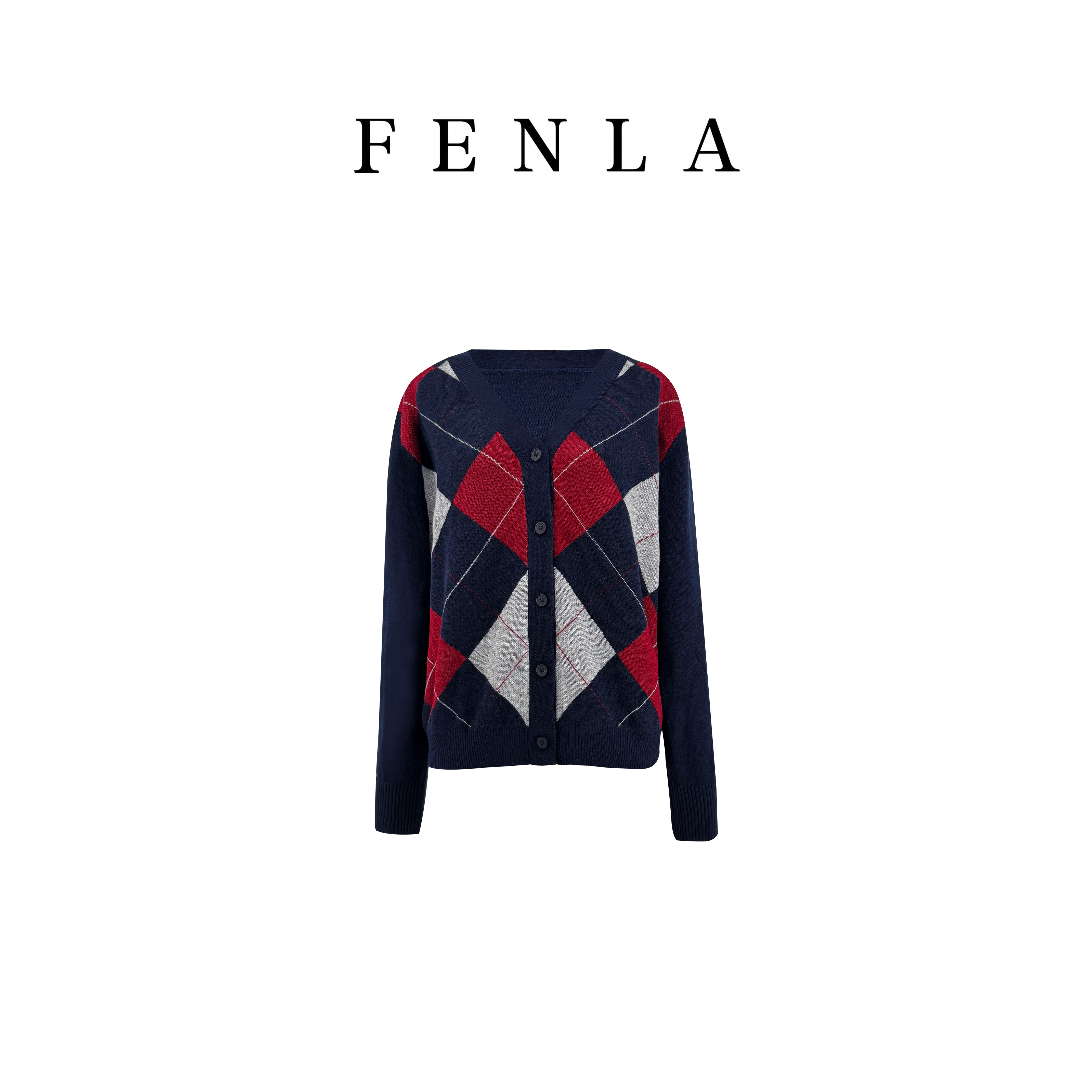 V领撞色菱形格子针织开衫上衣