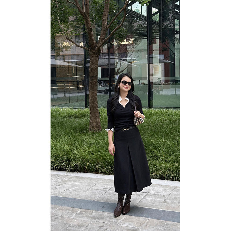 【惠姐私服】时尚气质撞色拼接修身显瘦百搭假两件长袖上衣 86120