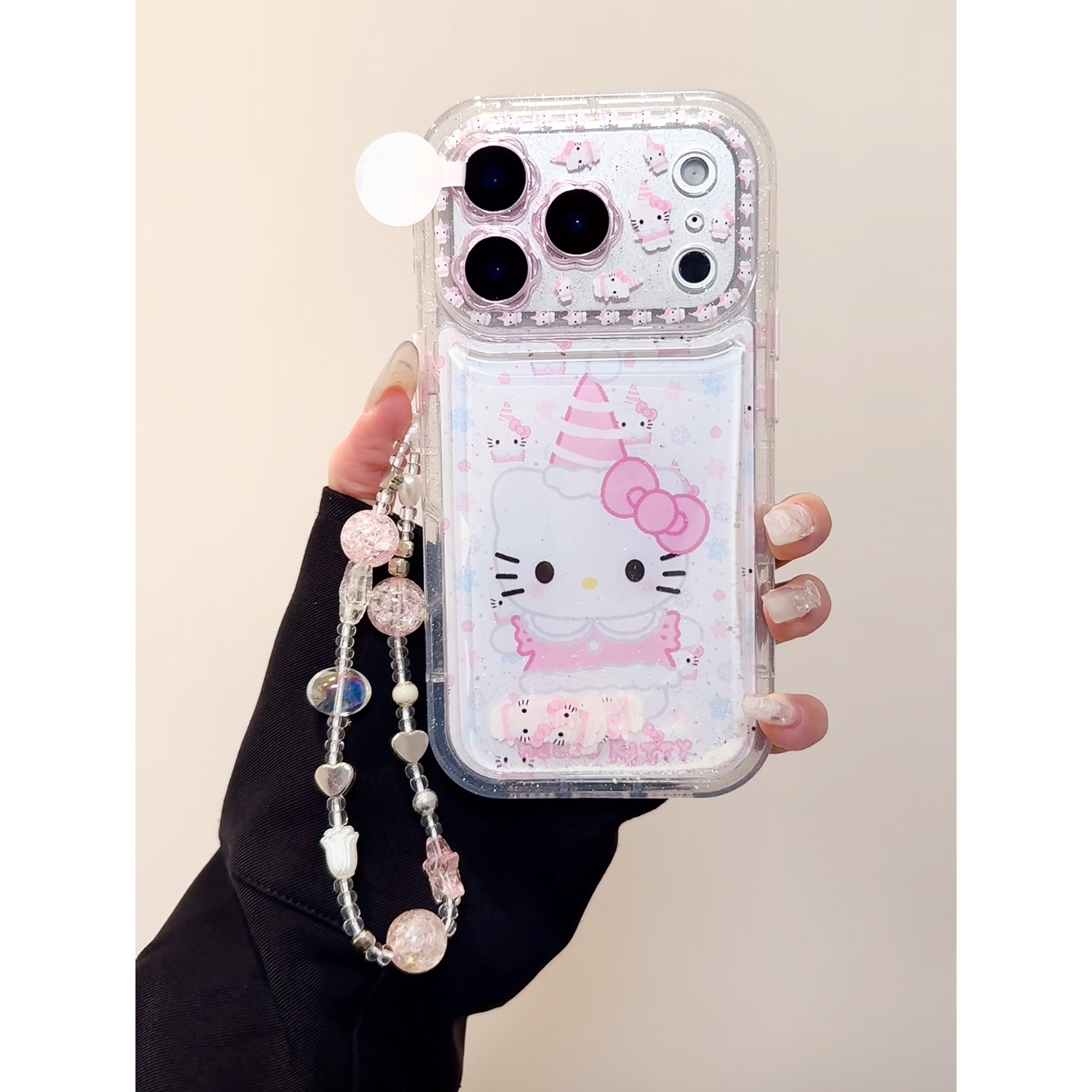 日韩可爱流沙粉帽Kitty猫13适用苹果17promax花朵镜头15promax闪粉流沙凯蒂16promax全包防摔手链手机壳14pro