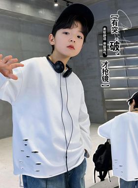 白色破洞长袖t恤内搭男秋打底衫美式潮牌内衬叠穿重磅上衣中大童
