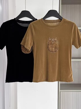 高级感丝绒女装2025新款时尚百搭轻奢小猫圆领T恤打底衫上衣