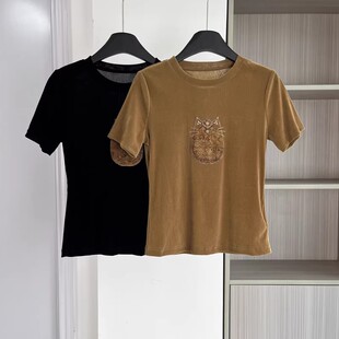 高级感丝绒女装2025新款时尚百搭轻奢小猫圆领T恤打底衫上衣