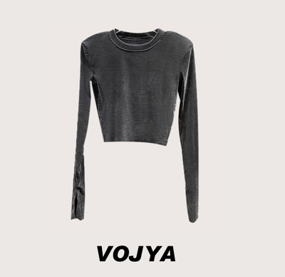 VOJYA2024春季新款金丝绒垫肩圆领长袖百搭短款打底T恤上衣