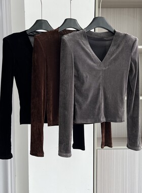 打底衫女内搭2026冬季新款V领修身长袖短款T恤高级感丝绒上衣女