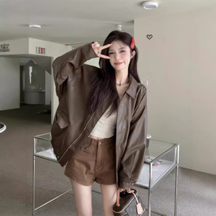 黑色甜酷风机车PU皮宽松长袖 复古美式 咖色皮衣夹克外套女秋季