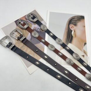 复古美拉德铆钉民族风皮带配裙子收腰个性西部牛仔废土凤雕花腰带