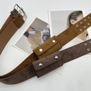 复古2025最新款咖色黑色腰包腰间配饰皮带腰封麂皮绒装饰裙子毛衣