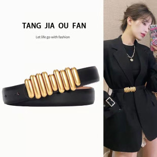 真皮腰带女士百搭复古毛毛虫皮带装饰配毛衣外套牛皮腰封腰饰ins