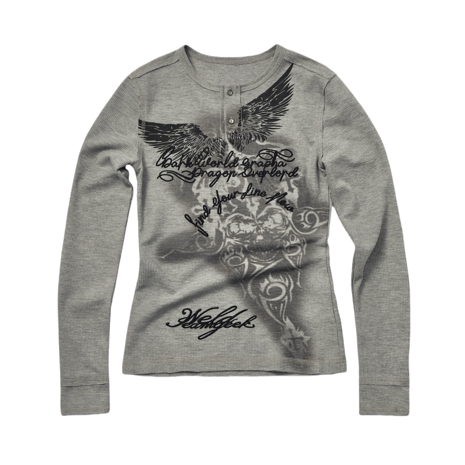 TEAMGEEK 复古图腾印花字母刺绣合身亨利领长袖T恤华夫格打底衫女