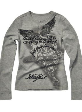 TEAMGEEK 复古图腾印花字母刺绣合身亨利领长袖T恤华夫格打底衫女