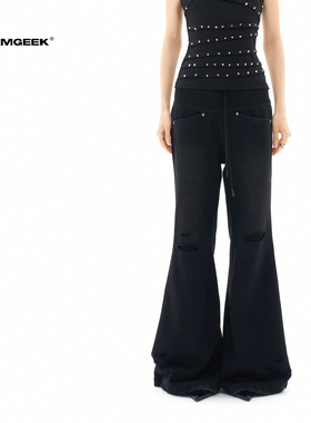 TEAMGEEK 24FW 500G全棉重磅水洗破坏中低腰喇叭运动休闲宽松卫裤