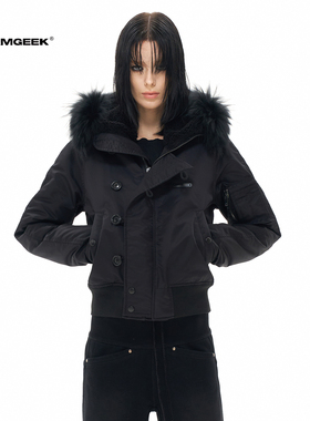 TEAMGEEK 24FW 乌鸦黑N2B貉子毛真毛短款飞行夹克棉服连帽bomber