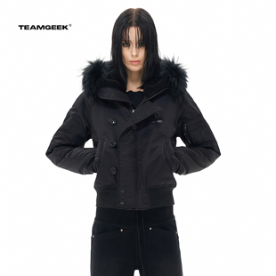 飞行夹克棉服连帽bomber 乌鸦黑N2B貉子毛真毛短款 TEAMGEEK 24FW