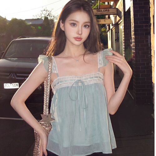 ZY621ZM韩系慵懒蕾丝拼接绑带吊带背心女夏季百搭宽松显瘦上衣