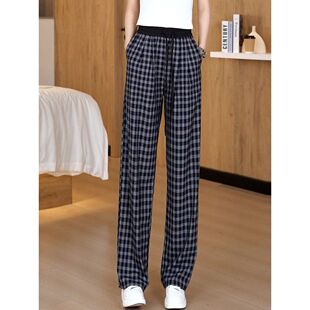 通勤透气高腰显瘦宽松舒适休闲直筒裤 S5.6薄款 新款 夏季 格子阔腿裤