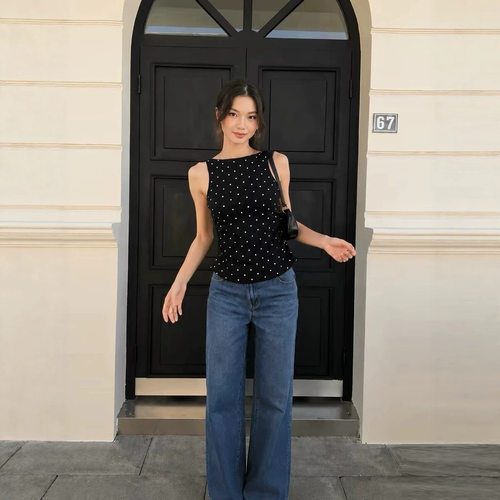 ZY88ZM714新款百搭上衣波点吊带背心女夏季修身绑带