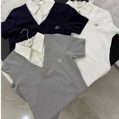 绣花假两件原版做法polo领短袖T恤女上衣