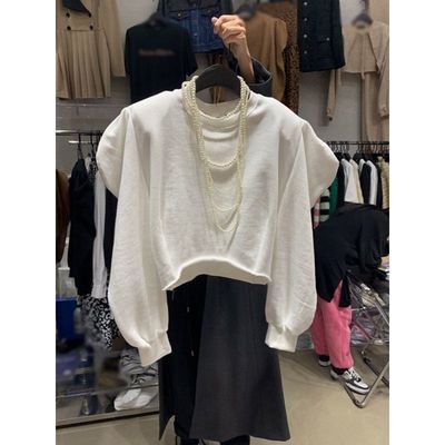 2025春季新款气质纯色圆领泡泡袖套头短款卫衣女上衣简约纯色