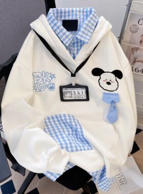 卡通美式学院风格子拼接polo领连帽卫衣男秋冬设计感小众上衣外套