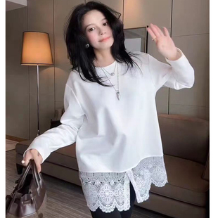 厚德绒网红爆款蕾丝拼接长袖T恤女秋冬宽松高级感中长款打底衫
