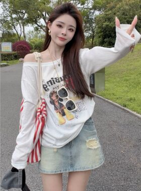 宽松工韩版休闲印花斜肩长袖防晒打底衫罩衫透气女