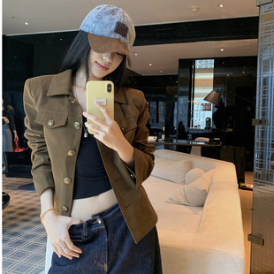 美式复古棕色立领工装外套女款春秋季小个子修身显瘦短款夹克上衣