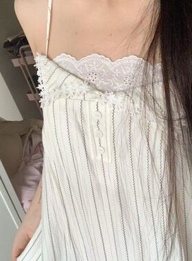 ZY622ZM慵懒条纹吊带睡裙女带胸垫云朵棉夏季睡衣蕾丝家居