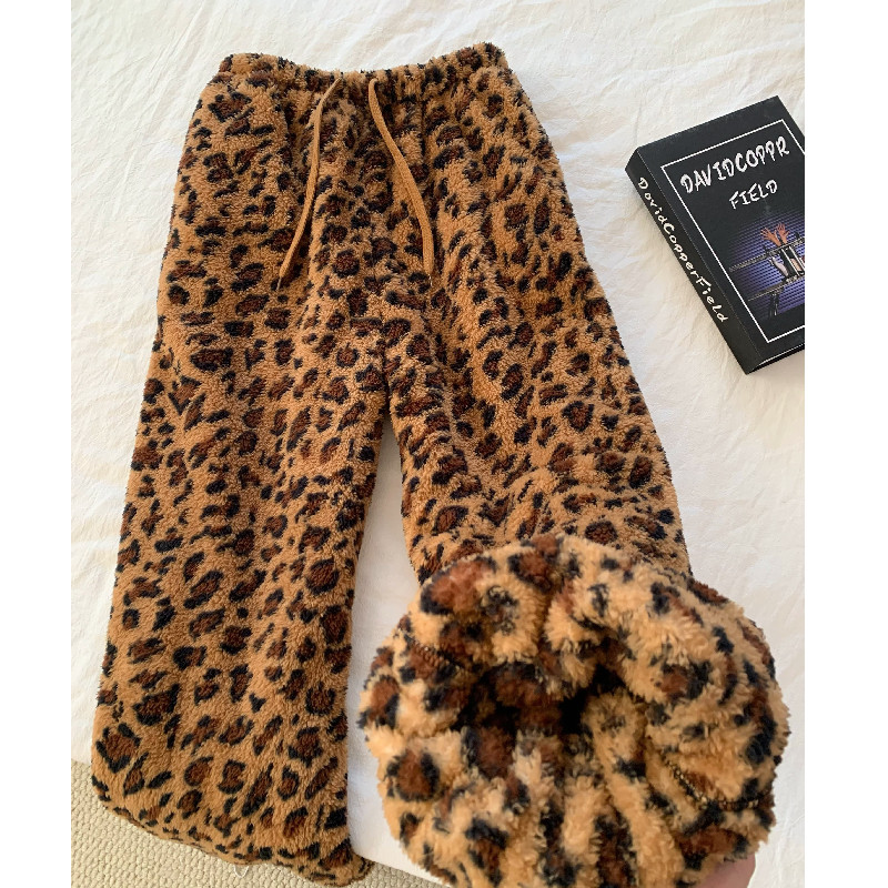 2026双面绒有口袋有束脚绳#可外穿美式豹纹睡裤女冬季保暖毛绒