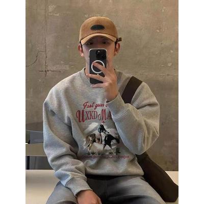 重磅纯棉美式复古西部牛仔圆领卫衣男秋冬款宽松加绒加厚无帽上衣