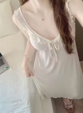 ZY76ZM纯欲风花边背心睡裙女夏季带胸垫睡衣女中长款大码家居服