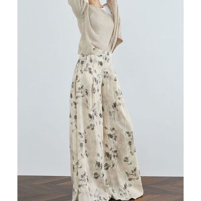 2025国风新中式加长高腰阔腿裤女夏薄款宽松古风印花裙裤