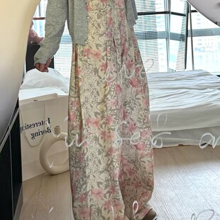 韩系复古水洗碎花满印阔腿牛仔裤女夏季慵懒宽松显瘦百搭拖地裤子